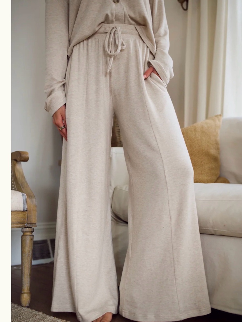 How do you wear that Essential Sweater Wide-Leg Drawstring Lounge Pants - Beige